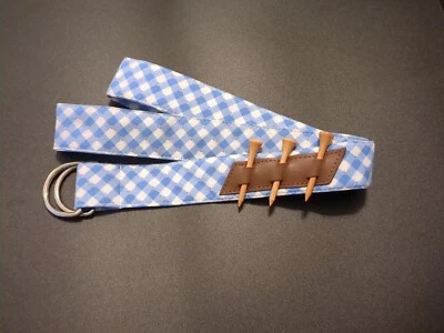 Golf Belt Tee Holder 41"  Blue, Pink & White Plaid Silver Double Loop Buckle  - Image 1 of 4