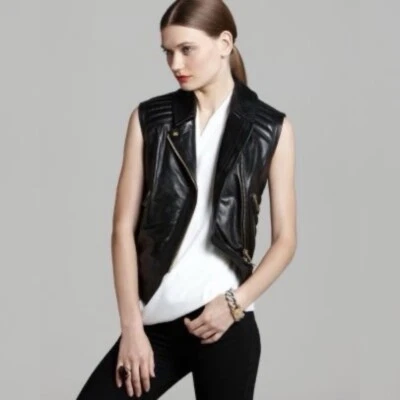 Chaleco Vince Camuto Tour of Duty Cuero Vegano Moto Negro Dorado Cremallera Pequeño Mediano Foto 1 de 4