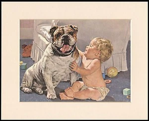 BULLDOG INGLÉS Y BEBÉ ENCANTADOR PERRO ESTAMPADO MONTADO LISTO PARA ENMARCAR - Imagen 1 de 1
