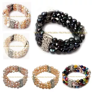 "Brazalete elástico de perlas barrocas multicolor de agua dulce de 3 filas de 8-9 mm 7,5""" - Imagen 1 de 13