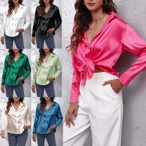 Women's Satin Silk Button-Up Dress Shirt OL Work Ladies V Neck Lapel Blouse Tops - Picture 1 of 20
