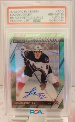 2023-24 O-Pee-Chee Platinum Logan Cooley Emerald Surge Rookie Auto  #7/10 PSA 10 - Image 1 of 2