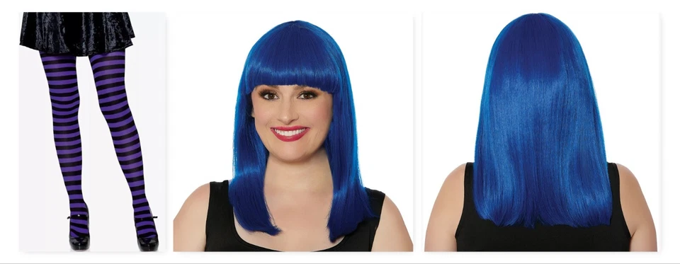 Halloween Lote 2 Cosplay Bruja Azul Peluca/Niños Púrpura Rayas Medias Talla M 7/8 Foto 1 de 1
