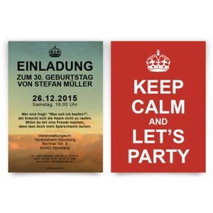 Einladungen zum Geburtstag Keep Calm Party England Einladungskarten - Bild 1 von 2