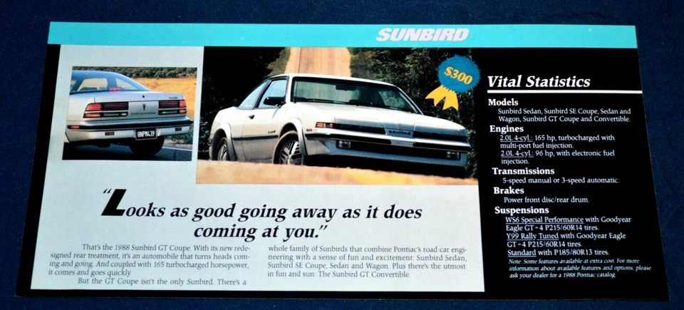 1988 Pontiac Sunbird GT Coupe Turbo Original Dealer Advertisement Print Ad 88 - Image 1 of 1
