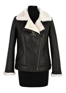 Women Sheepskin Jacket White 100% Real Shearling Fur Pilot Warm Bomber Jacket - Picture 1 of 6