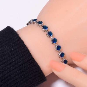 Blue Sapphire - Simulated 925 Sterling Silver Tennis Bracelet 7.99" B973368912 - Picture 1 of 4