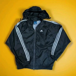 Mens XL Vintage 3 Stripes Adidas Full Zip Windbreaker Roll Hood Black/White 90s? - Picture 1 of 14