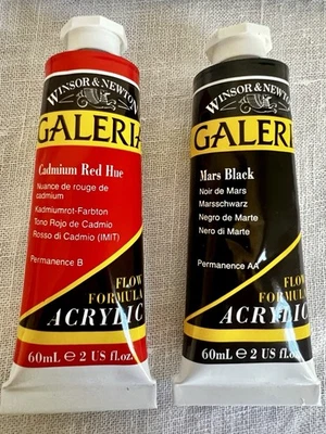 Winsor & Newton Galeria Acrylic Paint TWO Mars Black & Cadmium Red Hue 2 Oz New - Image 1 of 2