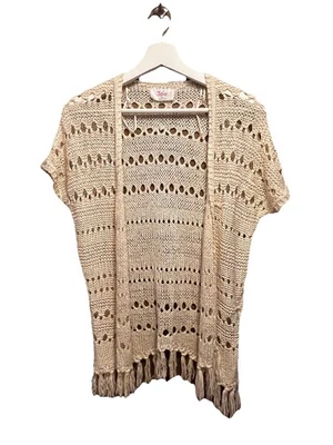 Justice Cream Knit Crochet Ruffle Hem Open Front Cardigan Sz 14 - Image 1 of 4