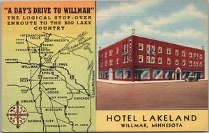 1948 WILLMAR, Minnesota LEINEN Postkarte HOTEL LAKELAND Straßenansicht / Autobahnkarte - Bild 1 von 2