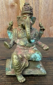 Estatua de dios de la deidad Ganesh de latón dios elefante hindú figura antigua sólida - Imagen 1 de 8
