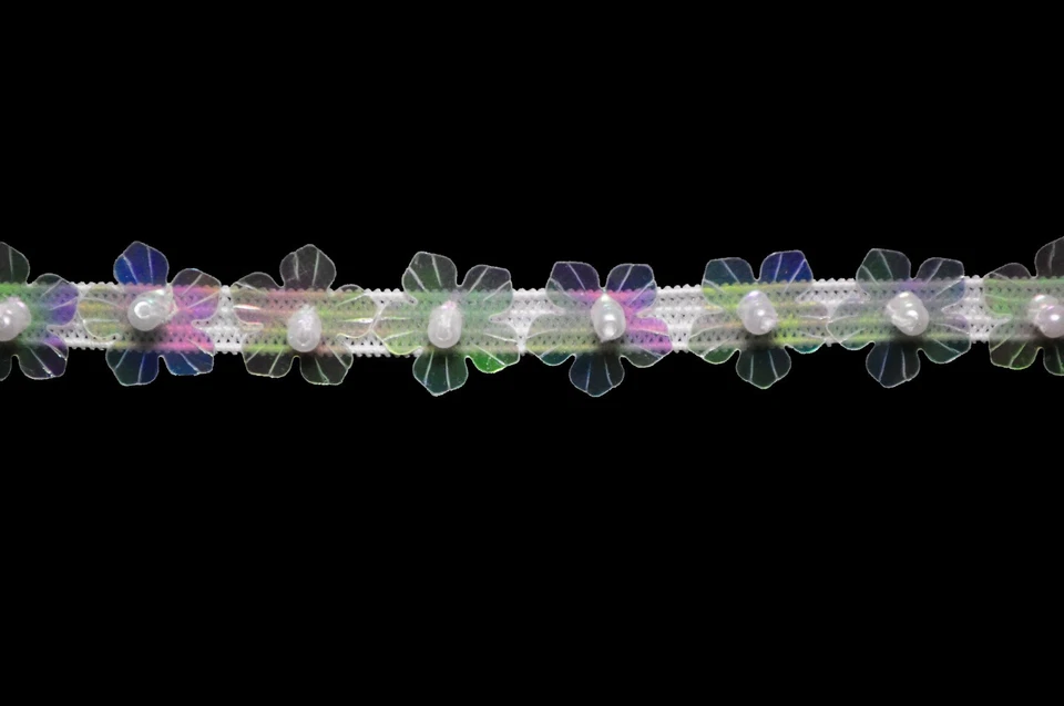 Lily 0.25" Iridescent Flower Sequins Faux Pearl Beading on Elastic Trim By Yard - Image 1 of 1