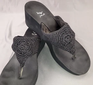 Yellow Box Flip Flops Crochet Woven Boho High Wedge Platform Sandals Black 11 - Picture 1 of 9