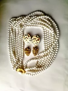 Vintage SET GAY BOYER MEHRERE STRÄNGE KUNSTPERLENKETTE, SARAH COVENTRY CLIPS - Bild 1 von 8