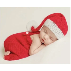 Newborn Baby CHRISTMAS Photo Shoot Knit Outfit Costume | Overalls & Hat - Picture 1 of 5