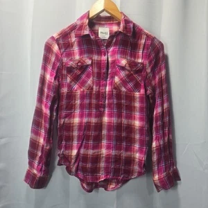 Mudd Girls 14 Flannel Shirt 1/4 Button Burgundy Mauve Blue Plaid Pockets LS - Picture 1 of 7