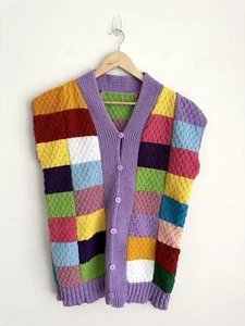 Handmade Multicoloured Patchwork Knit Button Up Cardigan Vest Free Size - Picture 1 of 7
