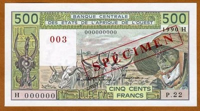 SPECIMEN West African States, Niger, 500 Francs, 1990 P-606Hs UNC - Image 1 of 2