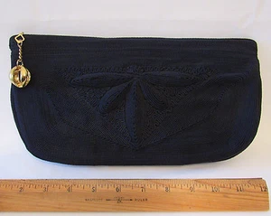 VINTAGE NEVER USED 1940s ADOR BAG CO GENUINE CORDE CLUTCH HANDBAG BLACK FLOWER  - Picture 1 of 12