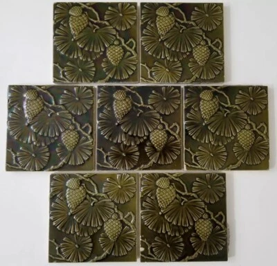 Antique Minton Ceramic Tile 7 Pine Cone Art Nouveau Pottery Green Arts Crafts - Image 1 of 4