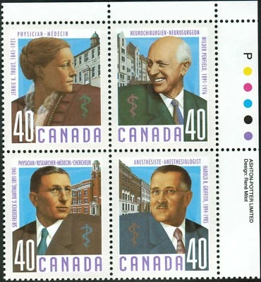 Canada sc#1305a Canadian Doctors, UR Imprint Block, Mint-NH - Image 1 of 2