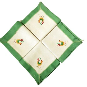 4 Embroidered Linen Napkins Green Banding Rooster Farm Country Retro Vtg - Picture 1 of 5