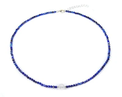 Lapislazzuli Collana Sfaccettato Sfere Ø-3 MM Con Bergkristall-Perle 925 Argento - Immagine 1 di 4