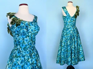 RESERVED Vintage 1950s Blue Floral Silk Dress with Velvet Bows - Picture 1 of 10
