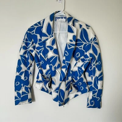 Chaqueta de Motocicleta Thierry Mugler Azul Floral Diseñador Vintage Años 80 Algodón Talla 42 Foto 1 de 4