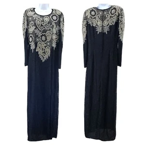 VTG Silk Evening Gown Heavily Beaded Mark & John By Gopal Long Maxi 80s Size L - Picture 1 of 11