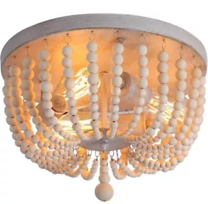 Wood Beaded Chandelier Boho Farmhouse Light Fixture Oak White 3 Light Semi Flush - Picture 1 of 6