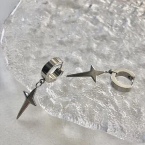 Surgical Stainless Steel Four Pointed Star Hoop Earrings Kpop Punk 4cm - Picture 1 of 5