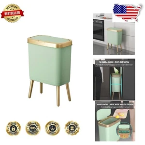 Elegant 15L Light Green Bathroom Trash Can with Gold Edge - Odor Seal Design - Picture 1 of 10