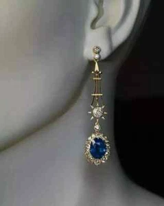 3Ct Lab Created Sapphire Art Deco Dangle & Drop Earrings 14K Yellow Gold Plated - Picture 1 of 5