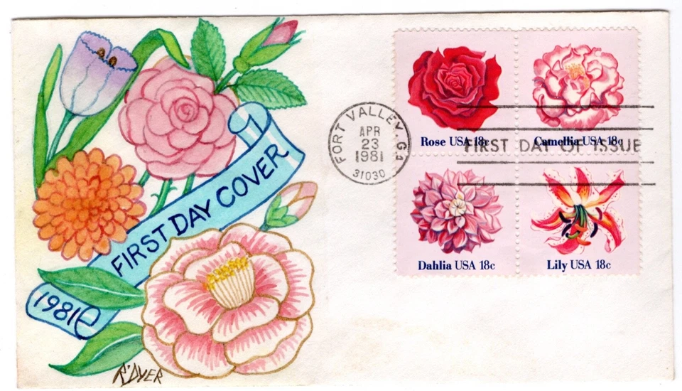 #1879a Flowers Block 1981 FDC Ralph Dyer Hand-painted Fort Valley GA - Image 1 of 1