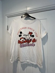 Disney White Mickey & Minnie Mouse Graphic Print T-Shirt Ladies Size L - Picture 1 of 3