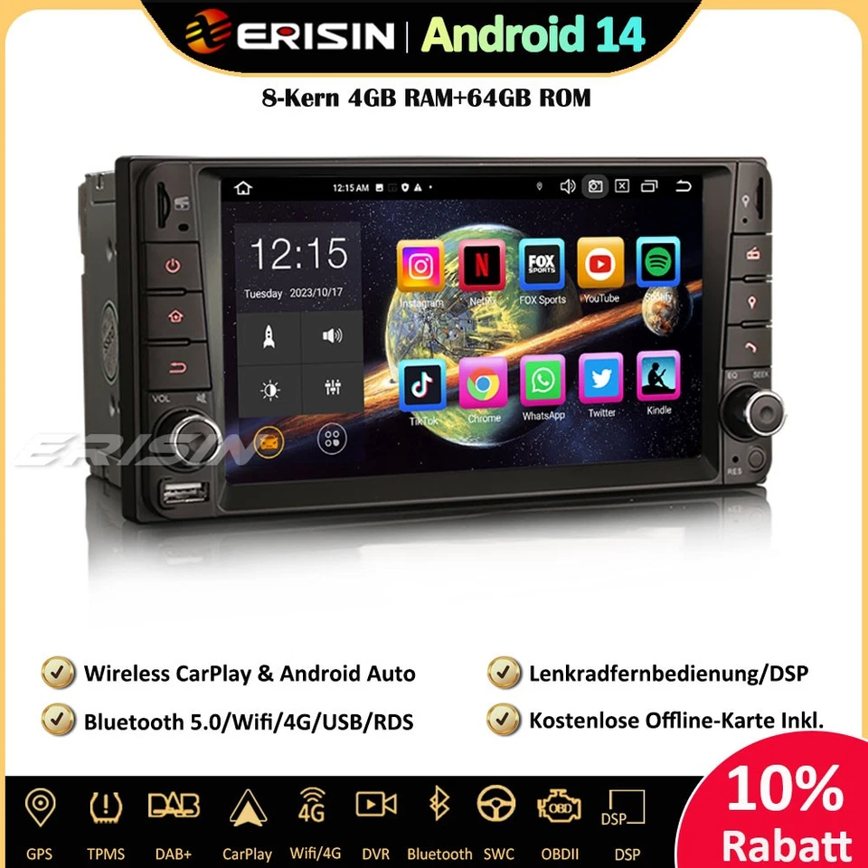 64GB Android 14 Autoradio GPS DAB+ CarPlay BT5.0 Toyota Corolla RAV4 Vios Hilux - Bild 1 von 4