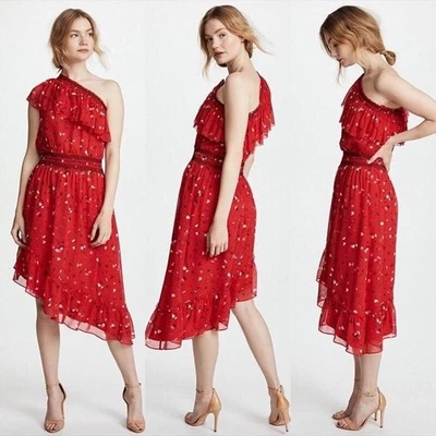 Vestido Joie Hafsa Fiesta Seda Un Hombro Rojo Floral Talla Mediana Foto 1 de 4