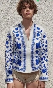 Zara White & Blue Floral Embroidered Cotton Linen Jacket Hippy Boho Size M - Picture 1 of 11