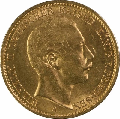 Estados alemanes 1909A - Prusia oro 20 marcos KM521 AU sin certificación #739 Foto 1 de 2