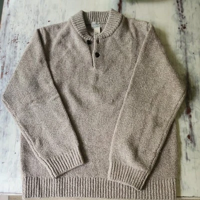 LL Bean тряпки шерсти свитер мужской L ягнят шерсти Henley желтовато-коричневый повседневный классический бежевый недостаток - Изображение 1 из 4