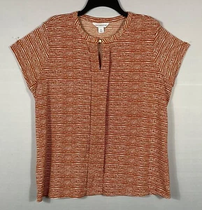 Liz Claiborne Top Womens XL Rust Ivory Stripe Keyhole Pullover Short Sleeves - Picture 1 of 6