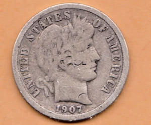 1907 Barber Dime in GOOD condition stk 51 ~ FULL RIM ON BOTH SIDES . - Foto 1 di 5