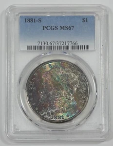 1881-S Morgan Dollar PCGS MS 67 Silver Dollar ~ Amazing obverse Rainbow toning - Picture 1 of 4
