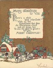 GILDED CHRISTMAS GIFT INSERT CARD -- Winter Scene & Coach - 3½" x 4½"