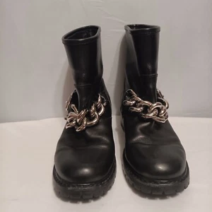 Giuseppe Zanotti Women Boots Silver Chain Strap Moto Black Leather Size 38 1/2 - Picture 1 of 12
