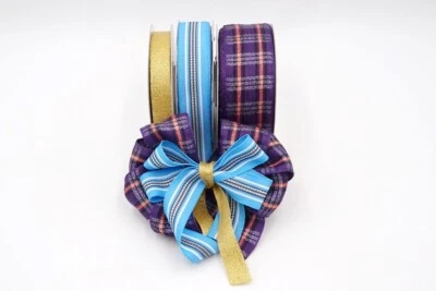 Craft DIY Gift Wrap Ribbon Set  1.5", 7/8", 3/8" 25Yd Purple Plaid & Blue Stripe - Image 1 of 4