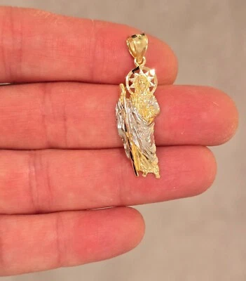 14k 2 Tone Solid Gold San Judas Religious Pendant for Necklace 14x34 mm - Image 1 of 4
