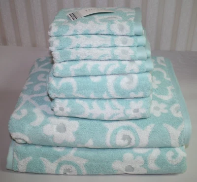 Hotel Collection 8 Piece Bathroom Towel Set Light Blue & White 100% Cotton New - Image 1 of 3